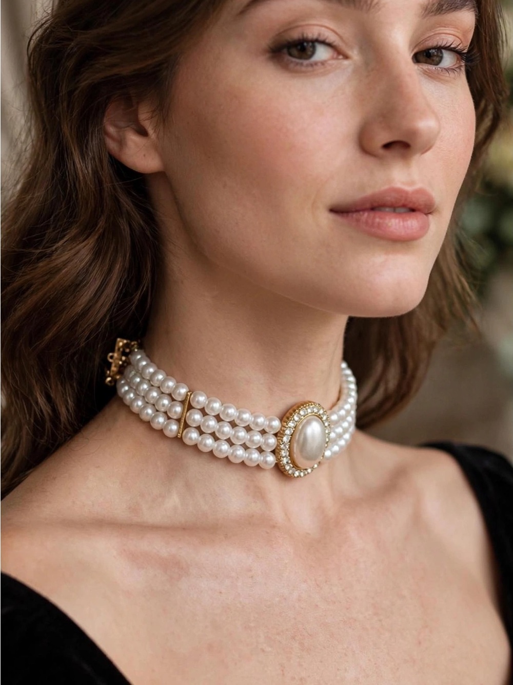 Gold and White Pearl Triple-Row Choker Necklace - Elegant Pearl Centerpiece🤩🌺nwt